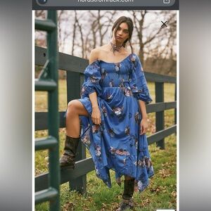Free People Blue Morning Glory Smocked Long Sleeve Maxi Dress S